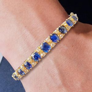 Antique Golden Cushion Cut Blue Sapphire Bracelet For Women
