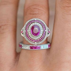 Art Deco Halo Oval Cut Ruby Sapphire Bridal Sets