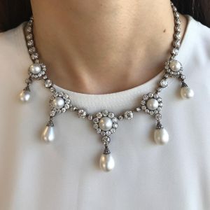 Antique Round Cut White Sapphire & Pearl Pendant Necklace