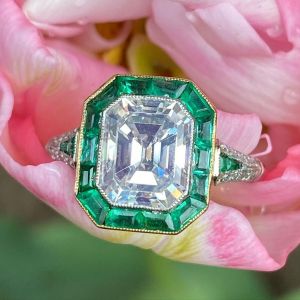 Two Tone Halo Emerald & White Sapphire Engagement Ring