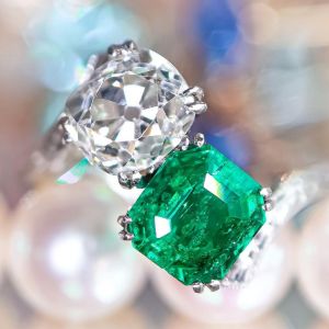 Vintage Asscher & Cushion Cut Emerald Sapphire Engagement Ring