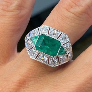 Antique Halo Emerald & Triangle Cut Engagement Ring