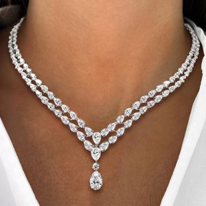 Classic Two Row Pear Cut White Sapphire Pendant Wedding Necklace For Women