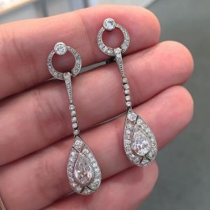 Elegant Halo Pear Cut White Sapphire Drop Earrings