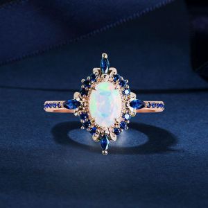 Rose Gold Halo Oval Cut Opal & Blue Sapphire Engagement Ring For Women