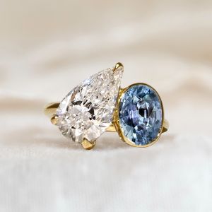Golden Bezel Blue & White Sapphire Engagement Ring For Women