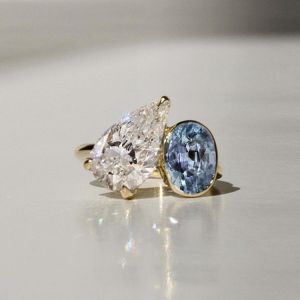 Golden Bezel Blue & White Sapphire Engagement Ring For Women