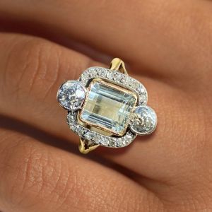 Two Tone Art Deco Emerald Cut Aquamarine Engagement Ring
