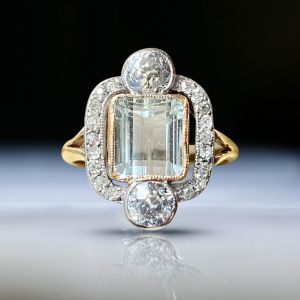 Two Tone Art Deco Emerald Cut Aquamarine Engagement Ring For Women