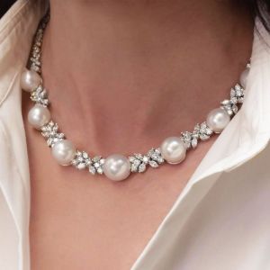 Elegant Marquise Cut Pearl & White Sapphire cluster necklace