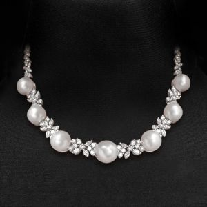 Elegant Round Pearl Sapphire cluster necklace For Women 