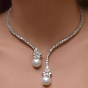 Open Design Marquise Cut Pearl & White Sapphire Pendant Necklace