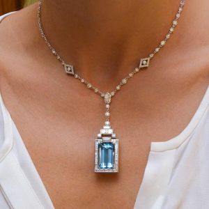 Art Deco Halo Emerald Cut Aquamarine Sapphire Pendant Necklace For Women 