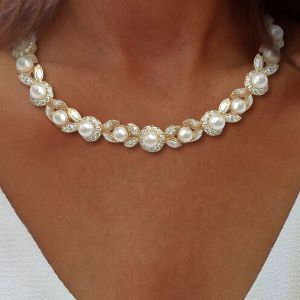 Golden Pearl Floral Garland Cluster Collar Necklace Bridal Jewelry For Women 