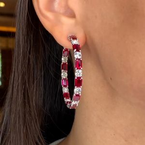 Classic Emerald Cut Ruby Sapphire Hoop Earrings