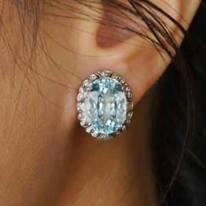 Art Deco Halo Oval Cut Aquamarine Sapphire Stud Earrings