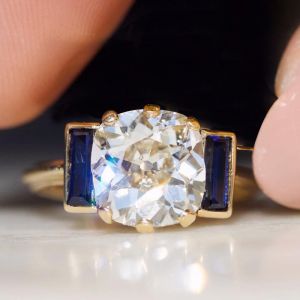 Gold Cushion Cut White & Blue Sapphire Engagement Ring