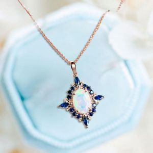 Rose Gold Halo Oval Cut Opal & Blue Sapphire Pendant Necklace