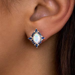 Rose Gold Halo Oval Cut Opal & Blue Sapphire Stud Earrings