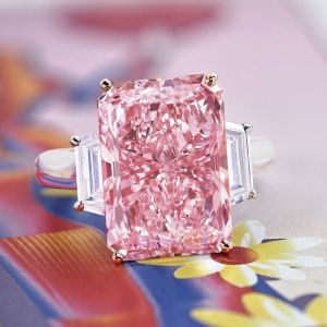 Two Tone Three Stone Radiant Cut Pink Sapphire Engagement Ring