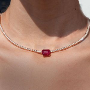 Rose Gold Emerald Cut Ruby Sapphire Tennis Necklace