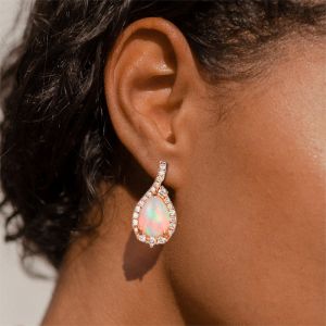 Rose Gold Halo Pear Cut Opal Drop Earrings