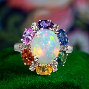 Rainbow Halo Oval Cut Opal Engagement Ring For Women