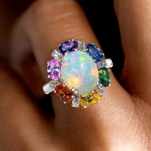 Rainbow Halo Oval Cut Opal Engagement Ring For Women