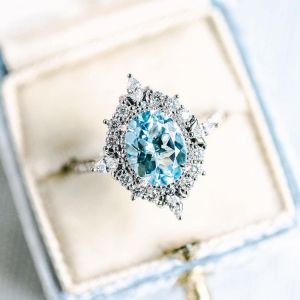 Halo Oval Cut Aquamarine Sapphire Engagement Ring