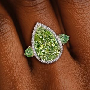 Two Tone Three Stone Pear Cut Peridot Sapphire Engagement Ring