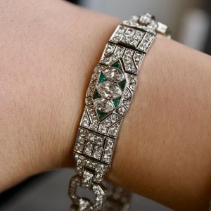 Art Deco Marquise Cut Emerald & White Sapphire Bracelet