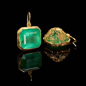 Bezel Golden Asscher Cut Emerald Sapphire Drop Earrings
