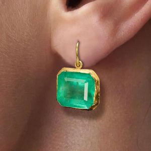 Bezel Golden Asscher Cut Emerald Sapphire Drop Earrings For Women 
