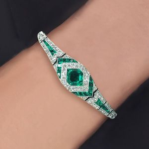 Art Deco Halo Asscher Cut Emerald Sapphire Bracelet For Women 