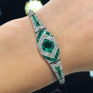 Art Deco Halo Asscher Cut Emerald & White Sapphire Bracelet