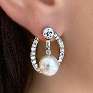 Elegant Round Cut Pearl & White Sapphire Drop Earrings