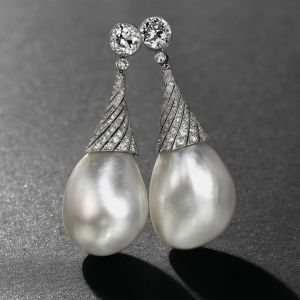 Elegant Round Cut Pearl & White Sapphire Drop Earrings