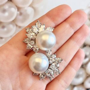 Fashion Marquise Cut Pearl & White Sapphire Stud Earrings