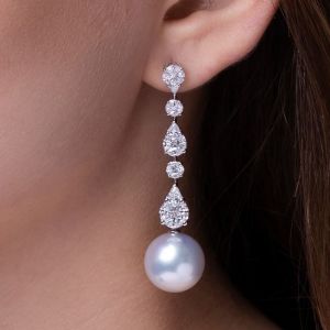 Elegant Pear & Round Cut Pearl & White Sapphire Drop Earrings