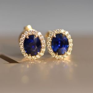 Classic Golden Halo Oval Cut Blue Sapphire Stud Earrings