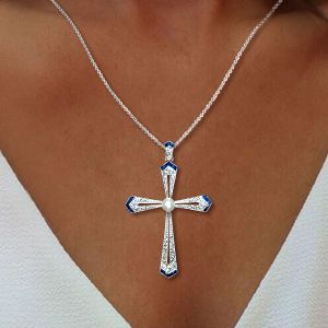 Art Deco Round Cut Pearl Sapphire Cross Pendant Necklace