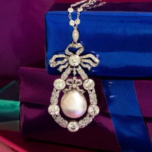 Vintage Milgrain Bow Design Round Pearl & White Pendant Necklace