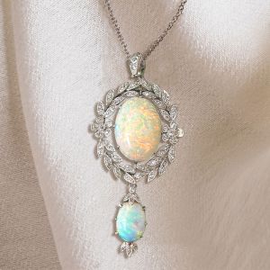 Vintage Milgrain Wreath Design Oval Cut Opal Pendant Necklace