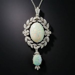 Vintage Milgrain Wreath Design Oval Cut Opal Pendant Necklace