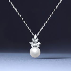 Round Cut Pearl & White Sapphire Pendant Necklace