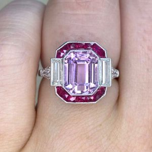 Ruby Halo Mligrain Emerald Cut Pink Sapphire Engagement Ring