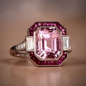 Ruby Halo Mligrain Emerald Cut Pink Sapphire Engagement Ring