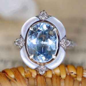 Halo Oval Cut Aquamarine Sapphire Engagement Ring For Women 