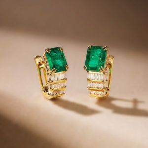 Golden Emerald Cut Emerald Sapphire Hoop Earrings For Women