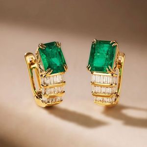 Golden Emerald Cut Emerald Sapphire Hoop Earrings For Women